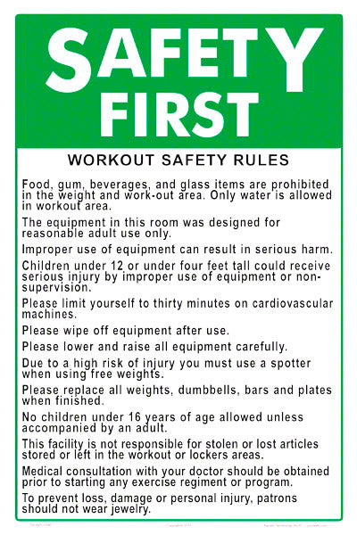 Safety First Workout Safety Rules Sign - 12 x 18 Inches on Heavy-Duty Aluminum
