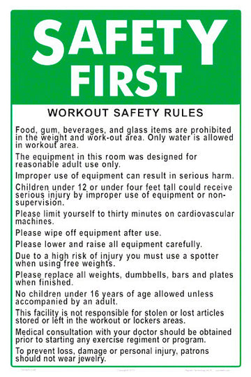 Safety First Workout Safety Rules Sign - 12 x 18 Inches on Heavy-Duty Aluminum