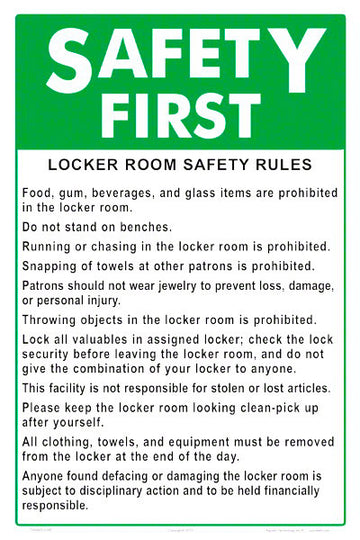 Safety First Locker Room Safety Rules Sign - 12 x 18 Inches on Styrene Plastic