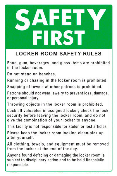 Safety First Locker Room Safety Rules Sign - 12 x 18 Inches on Heavy-Duty Aluminum