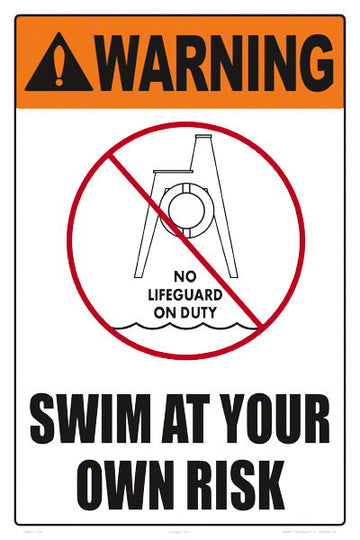 Swim At Your Own Risk Warning Sign (No Lifeguard Graphic) - 12 x 18 Inches on Heavy-Duty Aluminum