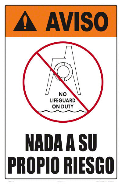 Swim At Your Own Risk Warning Sign in Spanish (No Lifeguard Graphic) - 12 x 18 Inches on Styrene Plastic