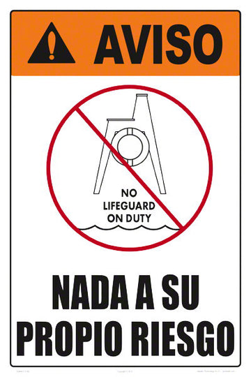 Swim At Your Own Risk Warning Sign in Spanish (No Lifeguard Graphic) - 12 x 18 Inches on Heavy-Duty Aluminum