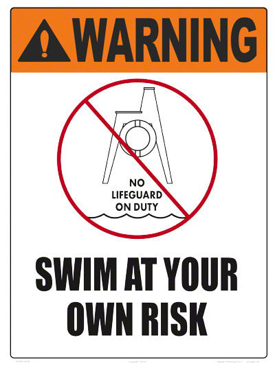 Swim At Your Own Risk Warning Sign (No Lifeguard Graphic) - 18 x 24 Inches on Heavy-Duty Aluminum