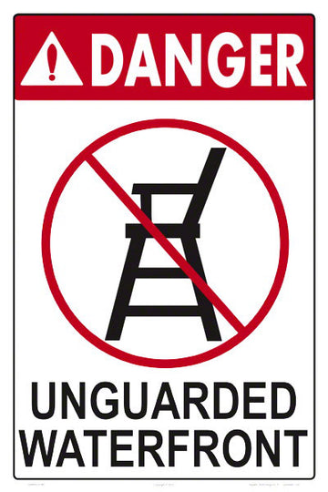 Danger Unguarded Waterfront Sign - 12 x 18 Inches on Styrene Plastic