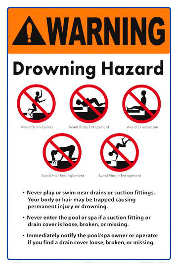 Drowning Hazard Warning Sign - 12 x 18 Inches on Styrene Plastic