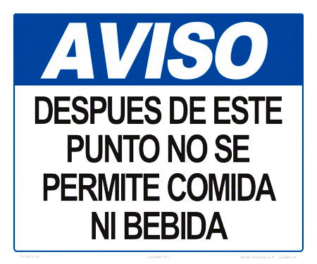 Notice No Food or Drink Sign in Spanish - 12 x 10 Inches on Heavy-Duty Aluminum