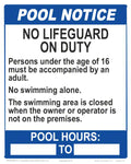 New Jersey Pool Notice - No Lifeguard on Duty With Hours Statement Sign - 8 x 10 Inches on Styrene Plastic (Customize or Leave Blank)