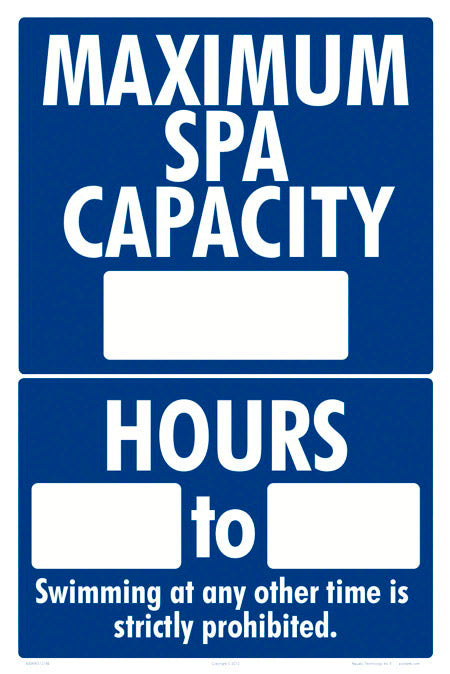 Maximum Spa Capacity and Hours for Sign - 12x18 Inch