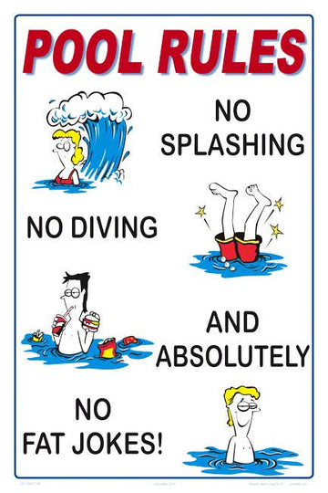 Pool Rules Humor Sign (No Fat Jokes) - 12 x 18 Inches on Heavy-Duty Aluminum