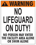 Kentucky No Lifeguard Warning Sign (No Entry) - 24 x 30 Inches on Styrene Plastic