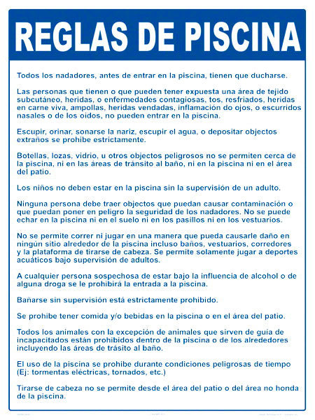 Pool Rules Sign in Spanish - 18 x 24 Inches on Heavy-Duty Aluminum