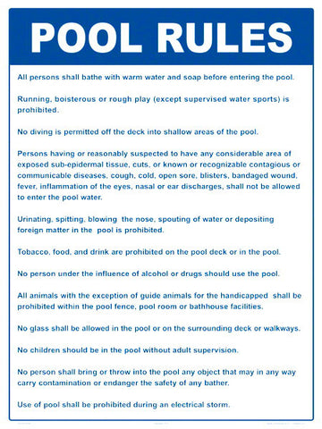 Connecticut Pool Rules Sign - 18 x 24 Inches on Styrene Plastic