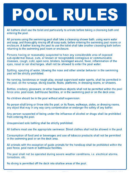 Michigan Pool Rules Sign - 18 x 24 Inches on Styrene Plastic