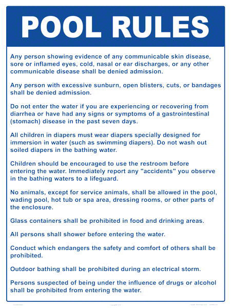 New Jersey Pool Rules Sign - 18 x 24 Inches on Styrene Plastic
