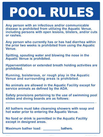 Rhode Island Pool Rules Sign - 18 x 24 Inches on Styrene Plastic (Customize or Leave Blank)