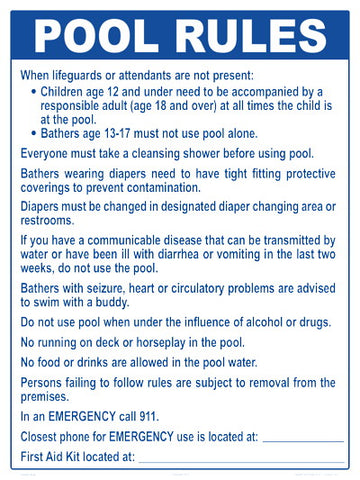 Washington Pool Rules Sign - 18 x 24 Inches on Heavy-Duty Aluminum (Customize or Leave Blank)