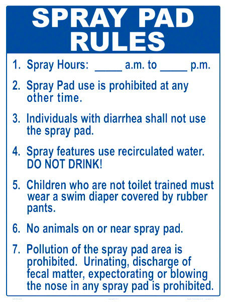 New York Spray Pad Rules Sign - 18 x 24 Inches on Styrene Plastic (Customize or Leave Blank)