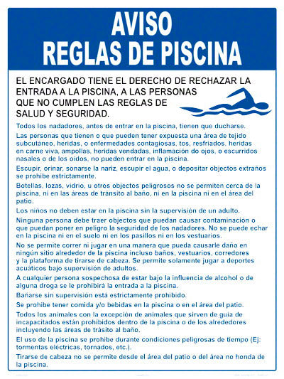 Pool Rules Style C Sign in Spanish - 18 x 24 Inches on Styrene Plastic