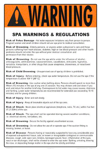 Spa Warnings and Regulations Sign - 12 x 18 Inches on Heavy-Duty Aluminum