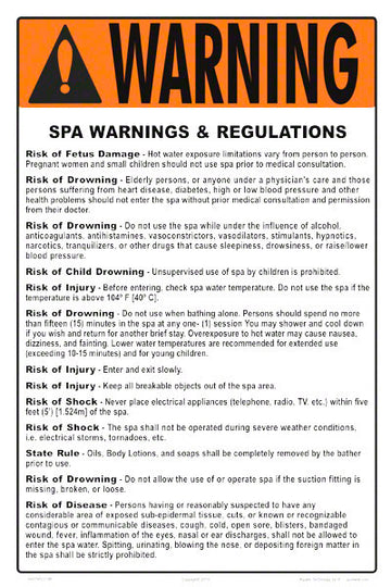 Connecticut and Ohio Spa Warnings and Regulations Sign - 12 x 18 Inches on Heavy-Duty Aluminum