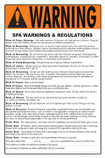 Colorado Spa Warnings and Regulations Sign - 12 x 18 Inches on Styrene Plastic (Customize or Leave Blank)