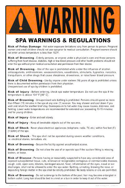 Delaware Spa Warnings and Regulations Sign - 12 x 18 Inches on Styrene Plastic