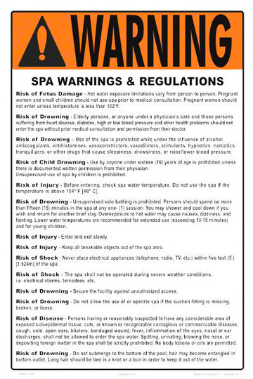 Delaware Spa Warnings and Regulations Sign - 12 x 18 Inches on Styrene Plastic