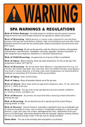 Massachusetts Spa Warnings and Regulations Sign - 12 x 18 Inches on Heavy-Duty Aluminum