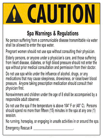 Wyoming Spa Warnings and Regulations Caution Sign - 18 x 24 Inches on Heavy-Duty Aluminum