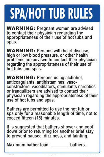 Rhode Island Spa/Hot Tub Rules Sign - 12 x 18 Inches on Styrene Plastic (Customize or Leave Blank)
