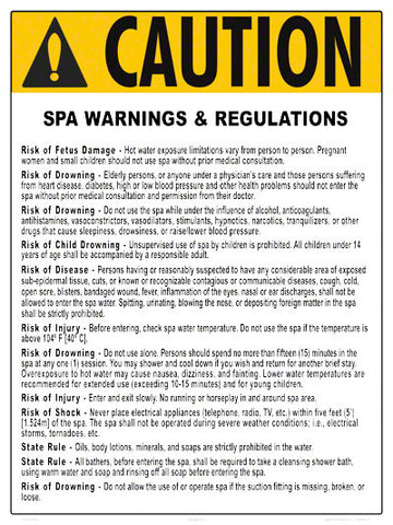 Arkansas Spa Warnings and Regulations Sign - 18 x 24 Inches on Styrene Plastic