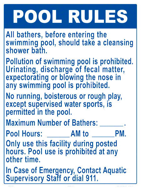 New York Pool Rules Sign for All Supervision Levels - 18 x 24 Inches on Styrene Plastic (Customize or Leave Blank)