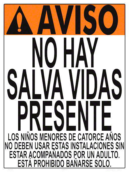 Nevada No Lifeguard Warning Sign in Spanish (14 Years and Under) - 18 x 24 Inches on Styrene Plastic