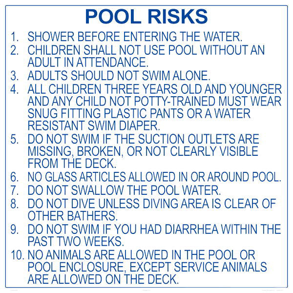 Georgia Pool Risks (Rules) Sign - 30 x 30 Inches on Heavy-Duty Aluminum