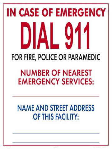 Emergency 911 Sign With Facility Location - 18 x 24 Inches on Styrene (Customize or Leave Blank)