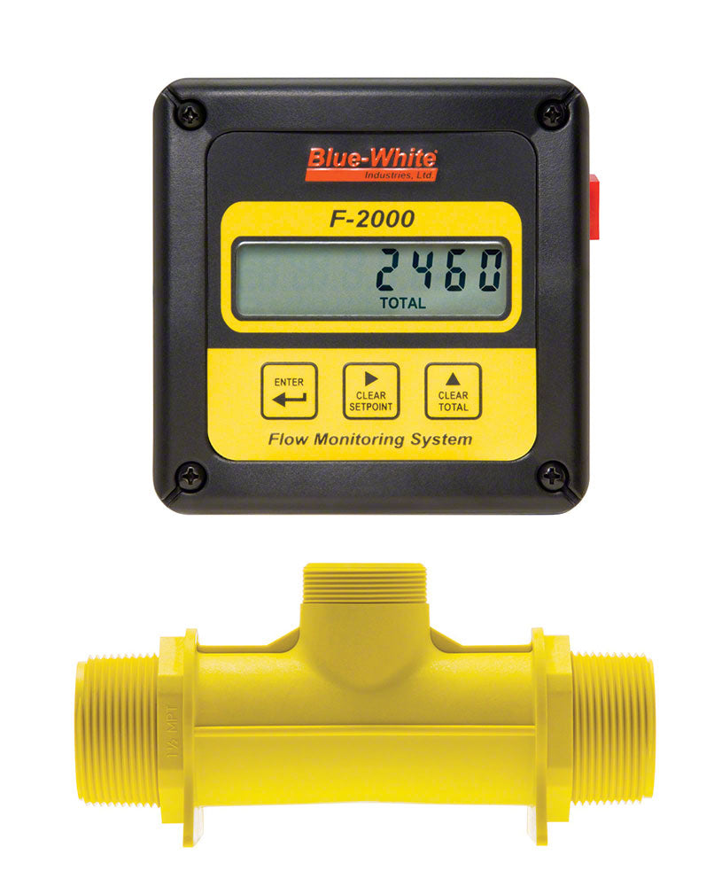 F-2000RTP Digital Paddlewheel Flowmeter With Wall Mount Kit - 1 Inch Polypro Male NPT - Battery 5-50 GPM - Remote Display