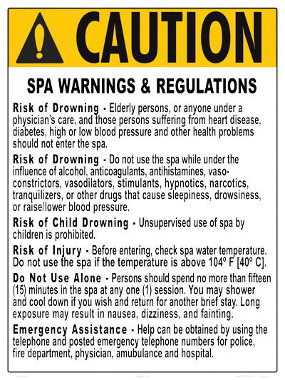 New York Spa Warnings and Regulations Sign - 18 x 24 Inches on Styrene Plastic