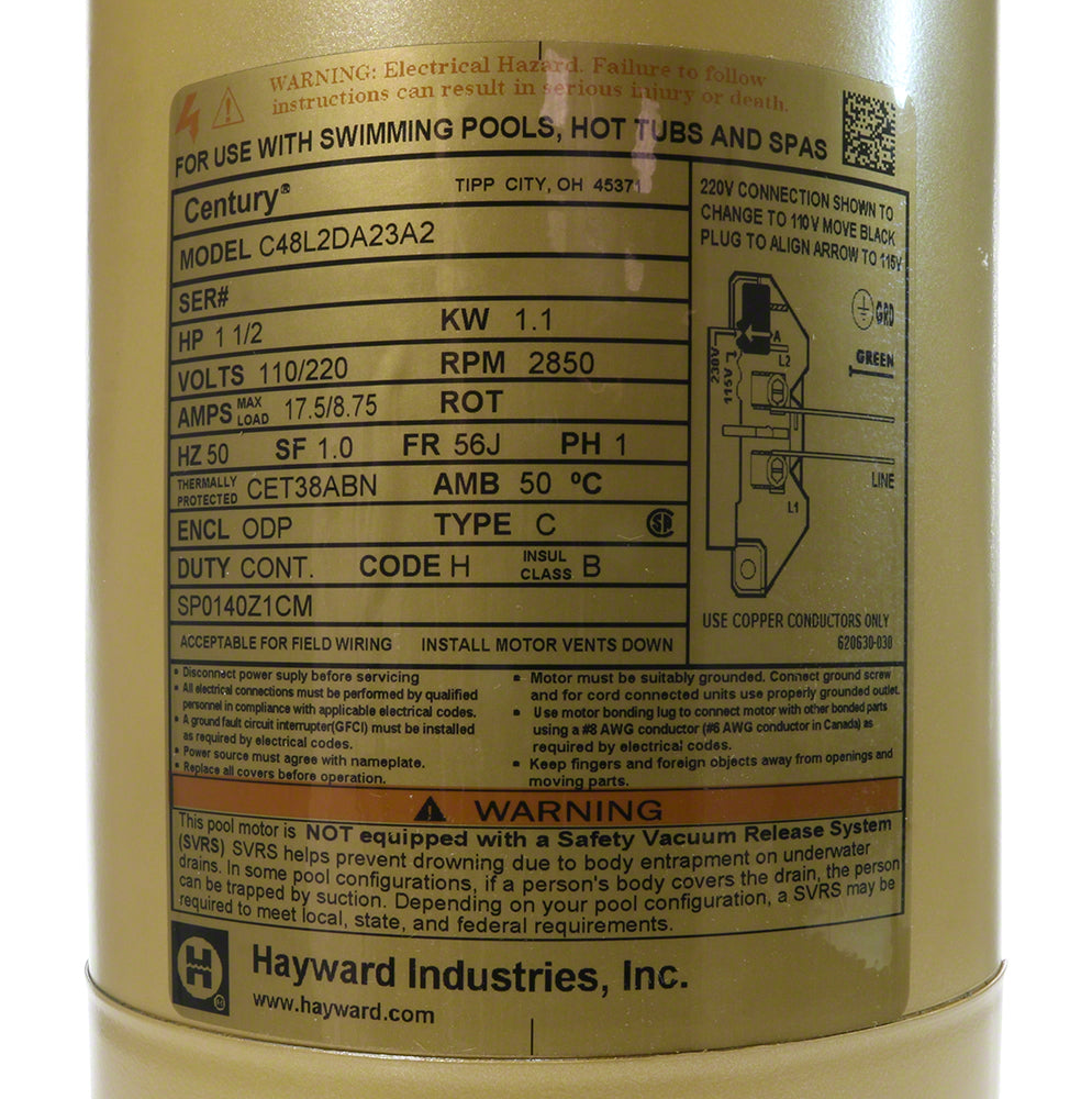 1-1/2 HP Pump Motor - 1-Phase 50 Hz