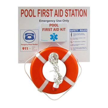 Pool First Aid Station With 24 Inch Orange Life Ring and 60 Foot Rescue Rope