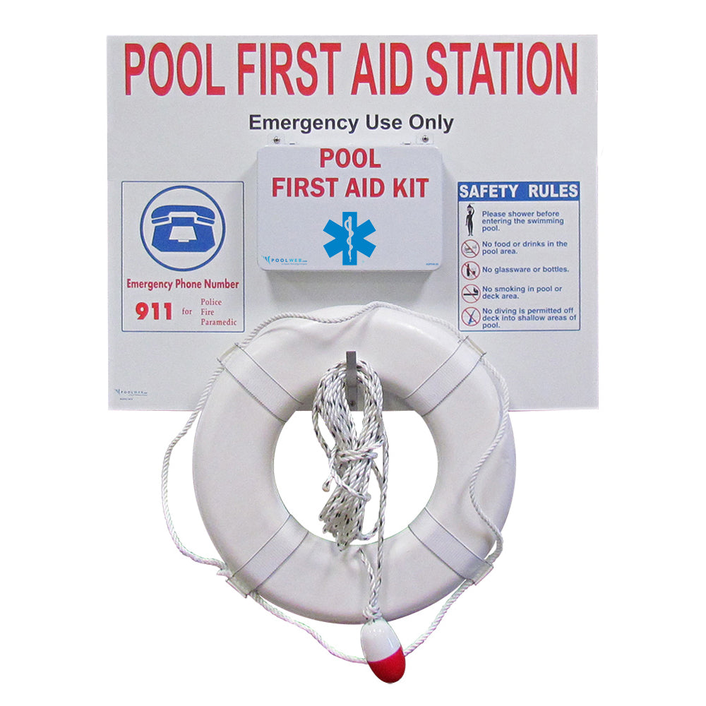 Pool First Aid Station With 24 Inch White Life Ring and 60 Foot Rescue Rope