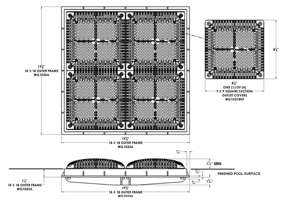 18 Inch Square Main Drain Cover With Inner Frame High Flow