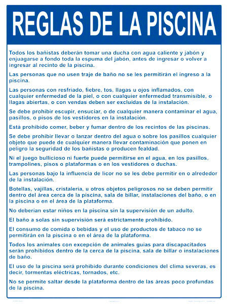 Nevada Pool Rules Sign in Spanish - 18 x 24 Inches on Styrene Plastic