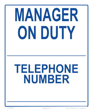 Manager on Duty and Telephone Number Write-on Sign - 10 x 12 Inches on Styrene Plastic