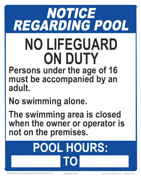 New Jersey Notice Regarding Pool - No Lifeguard on Duty With Hours Statement Sign - 8 x 10 Inches on Heavy-Duty Aluminum (Customize or Leave Blank)
