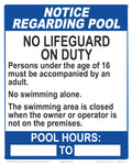 New Jersey Notice Regarding Pool - No Lifeguard on Duty With Hours Statement Sign - 8 x 10 Inches on Styrene Plastic (Customize or Leave Blank)
