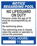 New Jersey Notice Regarding Pool - No Lifeguard on Duty With Hours Statement Sign - 8 x 10 Inches on Styrene Plastic (Customize or Leave Blank)