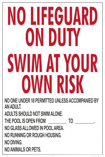 Rhode Island No Lifeguard on Duty Sign (18 Years and Under) - 24 x 36 Inches on Styrene Plastic (Customize or Leave Blank)