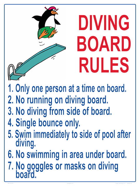 Diving Board Rules With Penguin Sign - 18 x 24 Inches on Styrene Plastic
