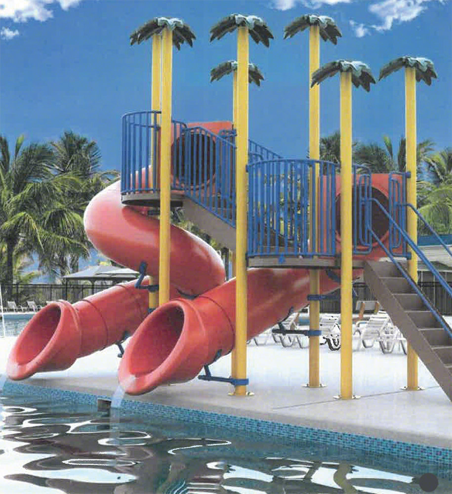 Double Flume and Dual Triangle Deck Waterslide With 180 and 540 Degree Turns